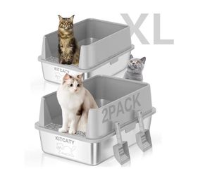 2 Pack Stainless Steel Cat Litter Boxes XL With Scoops New, Open Box 23.8" x 16" x 12"