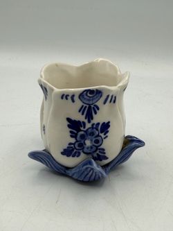 Delft Dutch White & Blue Art Pottery Tulip Flower Candle Holder
