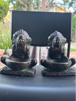 Vintage Art Deco Spelter Bookends - Native American Chief with Basket