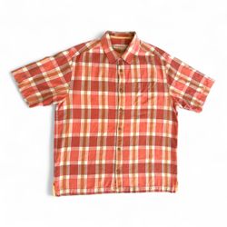 Tommy Bahama Hawaiian Men’s M Short Sleeve Shirt Orange Plaid Pattern 100% Silk Used