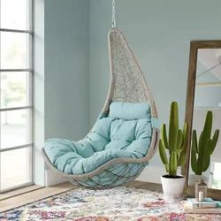 ❤️Shaped Outdoor Wicker Porch Swing Hanging Chair with Blue Cushion $120
