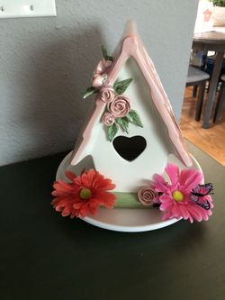 Pink and White Ceramic With Roses Bird House