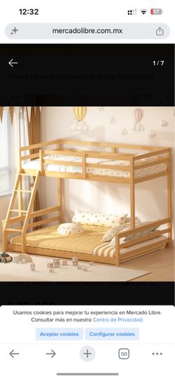 LE52 $150  TOLEAD Low Bunk Bed Twin Over Full Size, Floor Twin Over Full Bunk Bed with Ladder, Wooden Bunk Bed with Full Guardrails, Low Bunk Bed for 