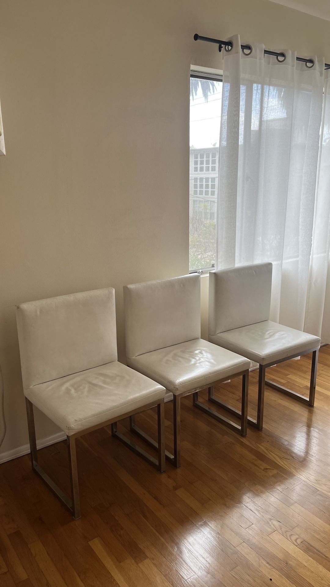3 White Leather & Chrome Modern Dining/ Desk Chairs