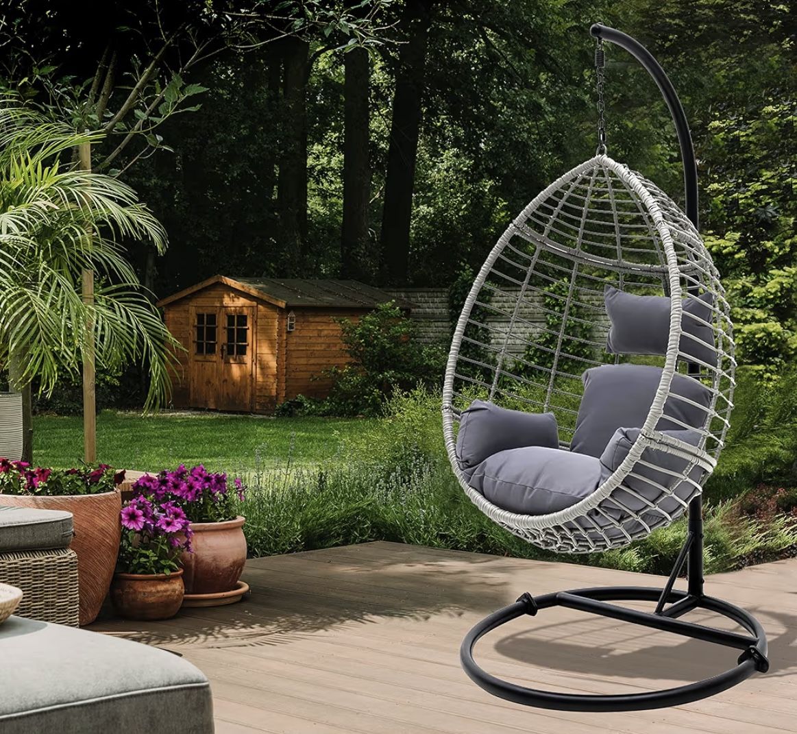 Hanging Egg Chair with Stand Indoor Outdoor Patio Wicker Rattan