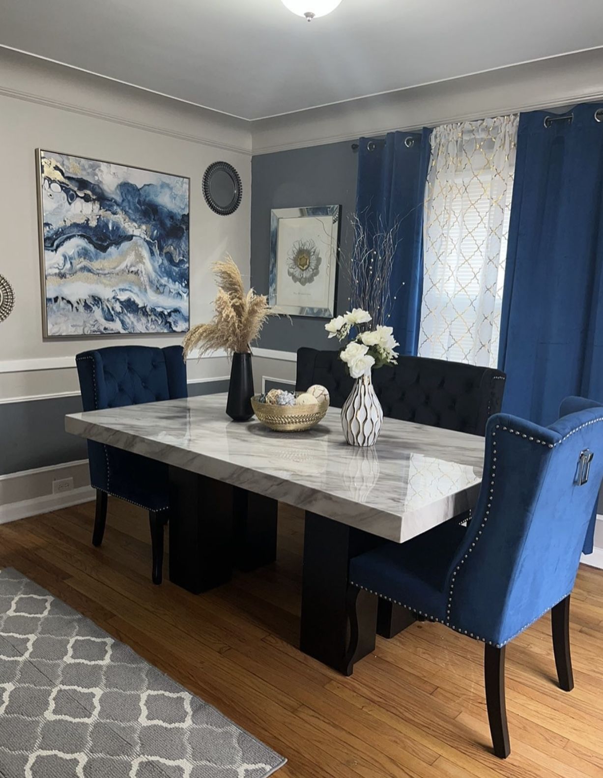 Dining Room Table With Two Blue Chairs 