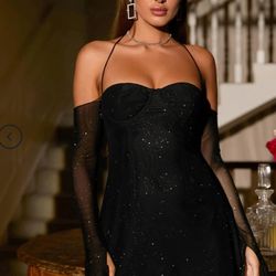 Halter Top Flounce Sleeve Sparkli Mesh Dress