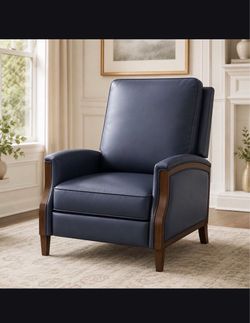 Navy Blue Leather Recliner Chair with Wood Trim