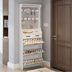 White Entryway Shoe Cabinet with Hooks