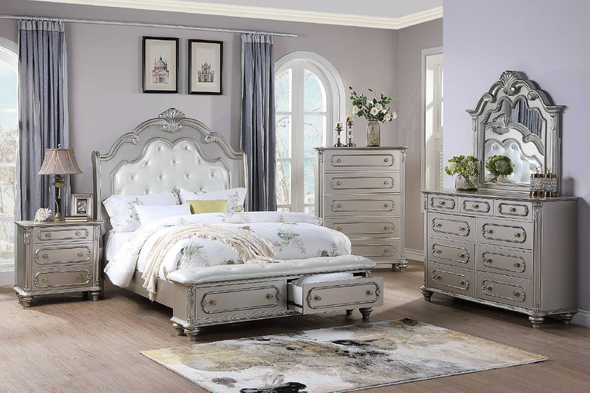 Brand new silver queen storage bedframe + dresser + mirror + nightstand 4PCs set