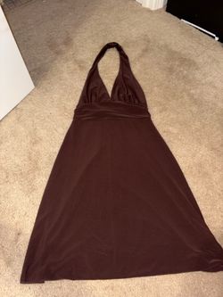 Brown Halter Neck Mini Dress Deep V Neckline Defined Waistline