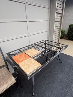 Black Metal Outdoor Patio Table with Tile Insert Grid Top