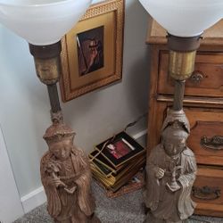 Asian Lady Lamps With White Milk Glass Shades And Brass