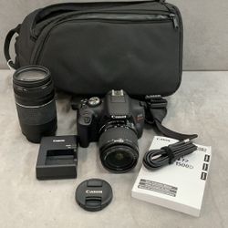 Canon EOS rebel T7 kit two lenses 18 to 55 mm 75 to 300 mm with charger case and accessories