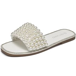 Women's Sparkle Pearl Flat Sandals Fashion Square Open Toe size 9#10#
