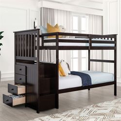 Twin/Twin Bunk Bed Frame Espresso Finish Front Steps Built-in Storage Unit