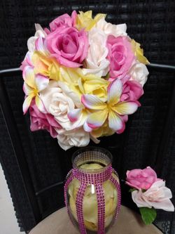 $35 Pink, Cream, Yellow roses with pink rhinestones on glass vase & yellow rose petals, matching boutonniere.