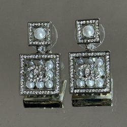 CC Crystal Pearl Square Silver Post Earrings 