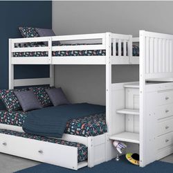 White Bunk Bed Twin/Full - Both Mattresses Included 