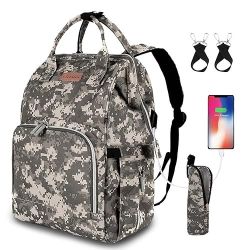 QWREOIA Diaper Bag Backpack with USB Charging Port Stroller Straps and Insulated