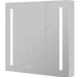 WELLFOR 30” W x 30” H Aluminum Recessed or Surface Mount Medicine Cabinet with Mirror 2 Door Dimmer LED Lighted, Defogger 