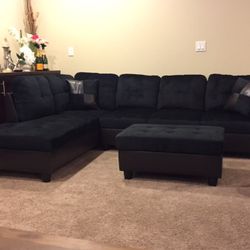 Midnight Black Microfiber Sectional Couch And Ottoman