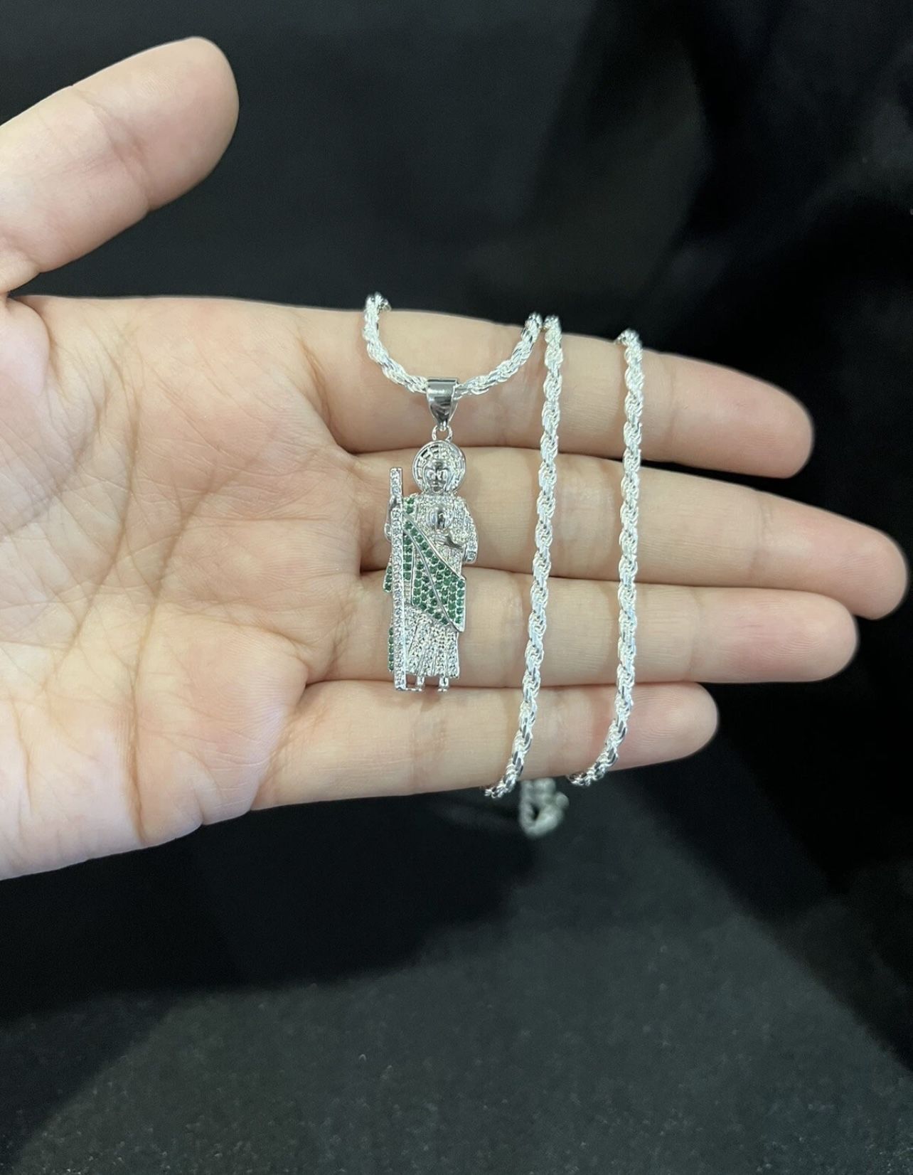 925 Sterling Silver Men Women St Jude San Judas CZ Pendant & Rope Chain