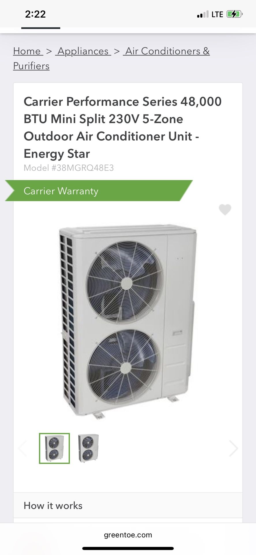 Carrier Performance Series 48,000 BTU Mini Split 230V 5-Zone Outdoor Air Conditioner Unit - Energy Star - 38MGRQ48E3