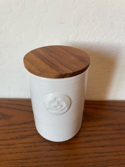 Teavana White Ceramic Canister Storage Jar with Wood Lid