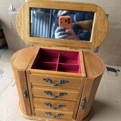 Vintage Wooden Jewelry Box with Mirror & Drawers