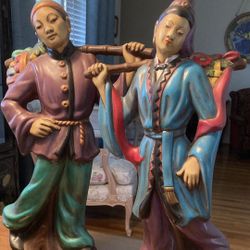 Large Tall Asian Set Of 2- Man & Woman Statues- Excellent Condition! Measures 17 1/4" Tall. **Rare Vintage**