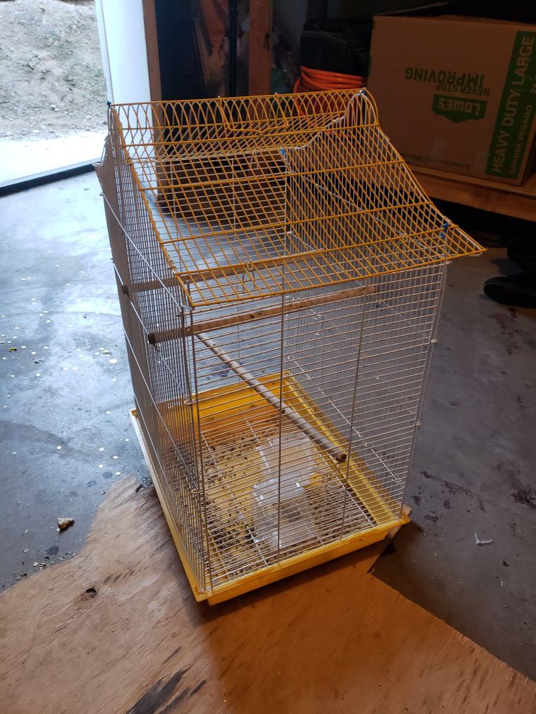 Medium size bird cage with feeders.
