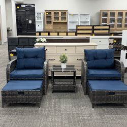 5 Pieces Wicker Outdoor Patio Chairs Set with Ottoman, PE Rattan Patio Conversation Furniture Set Outdoor Furniture Set with Hidden Ottoman