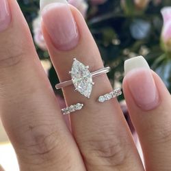 Brand New Sterling Silver 925 Engagement Ring Set With 1.5 Carat Marquise Cut CZ And Open Band 
