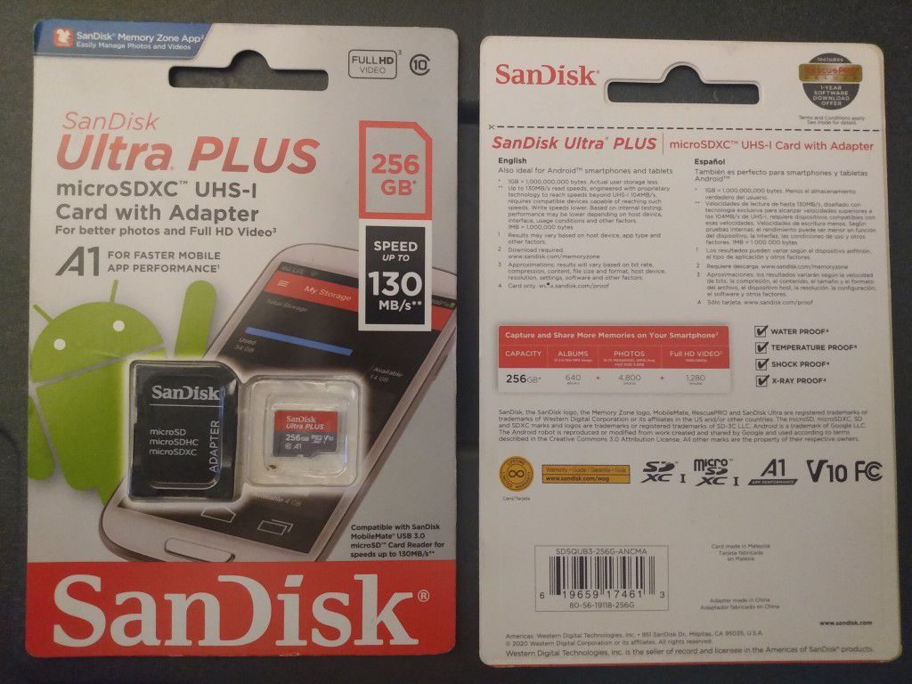 SanDisk Ultra PLUS 256gb Micro SD, A1 UHS-1, Speed up to 130mb/s w/ card adapter NIB