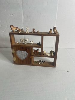 Vintage Wooden House Wall Hanging Trinket Shelf Display w/ Animal Miniatures