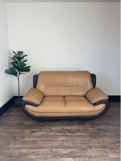 Modern Beige Genuine Leather Loveseat Couch