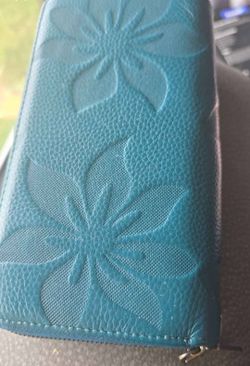 Teal Blue Floral Embossed Double Zip Wallet