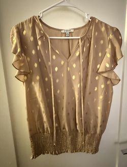 Tan With Gold Short Sleeve Sheer Blouse