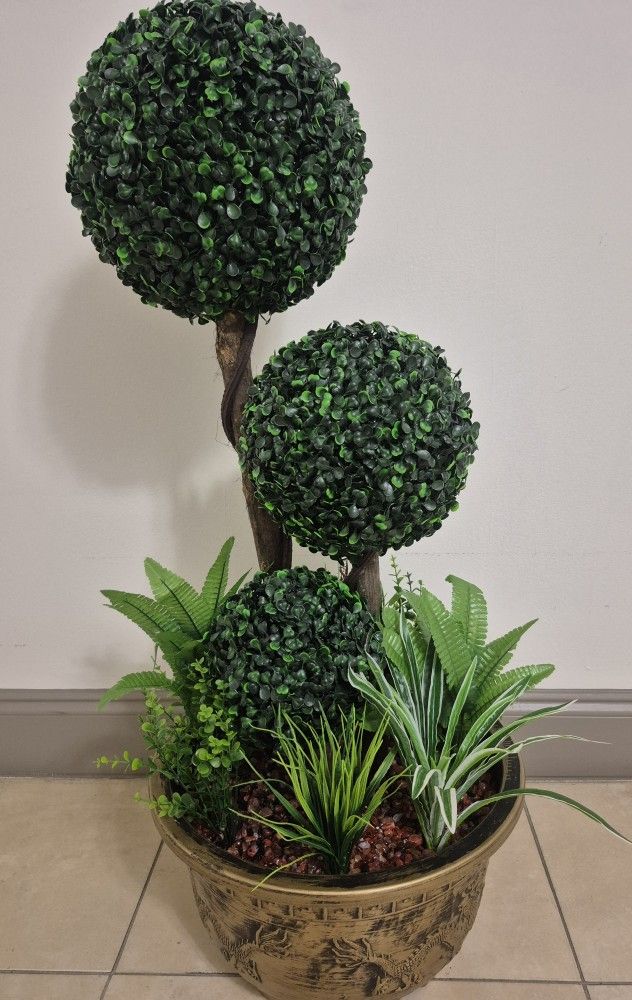 38" Faux Boxwood Topiary Topped with Red Agate Stone / Greenery in a 15" Resin Planter @ Lasting Creations
