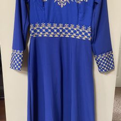 Vintage Print Long Sleeve Elegant Dress, Crew Neck Long Sleeve Dress Size M