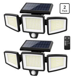 Brandnew 2pk  Solar Outdoor Lights 2500LM 210 LED Security Lights with Remote Control,3 Heads Motion Sensor Lights, IP65 Waterproof,270° Wide Angle Fl