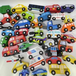 Melissa & Doug Wooden Town Playset Vehicles Bus Ambulance Fire Dump Truck Police   Bundle of mixed, different trains.