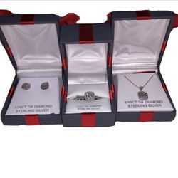Diamond Sterling Silver set 3 earrings necklace and ring