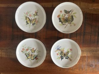 Set of 4 Crown Empire Butterfly Butter Pats | Mini 3.5” Diameter, Hand Painted, Porcelain Dishes 