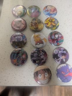 Various sized magnets and buttons, TCG & Anime