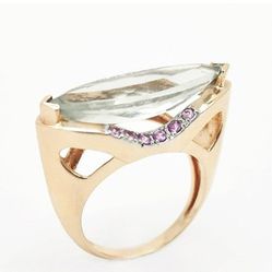 Vintage Art Deco 14kt Yellow Gold Ring W/Light Green Stone &Pink Sapphires 