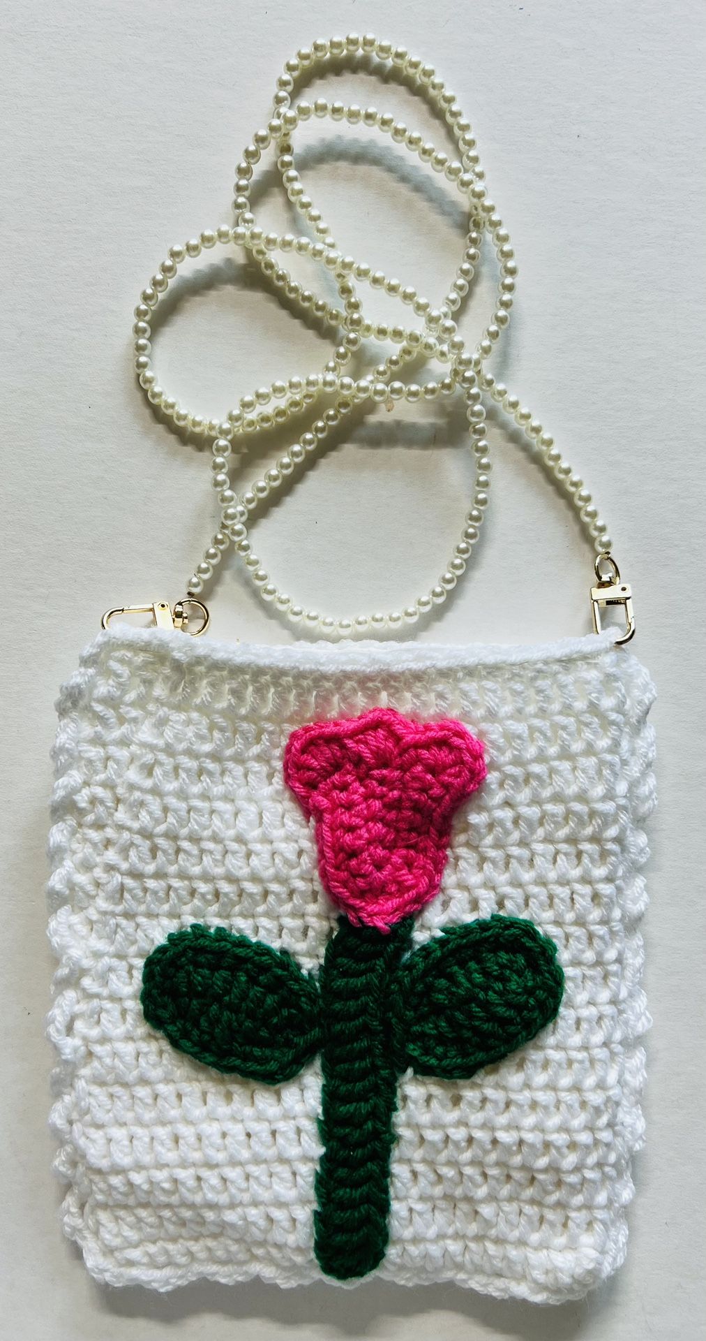 White Pink Tulip Bead Crochet Bag Phone Case Cover crossbody Handmade Purse Tote
