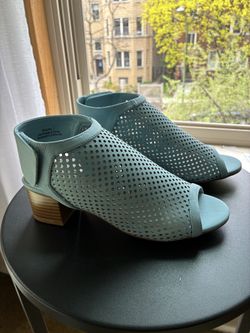 Blue Perforated Block Heel Booties-Size 7