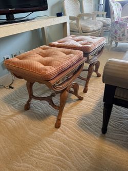 Pair of Vintage carved wood vanity benches featuring tufted, upholstered cushions and cabriole-style legs - 19” x 19” 